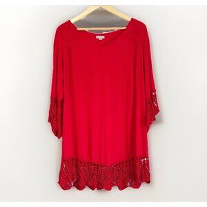 Baik Baik Honolulu Red Crochet Tunic Top Size Large 3/4 Flare Sleeves Boho